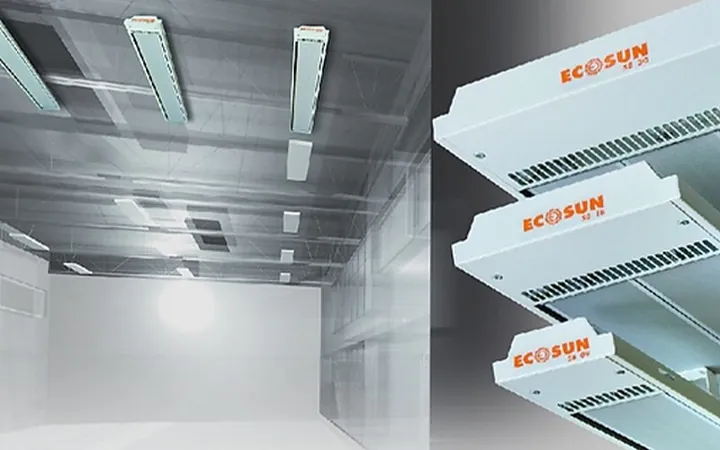 High-output radiant strip heaters mounted on a ceiling